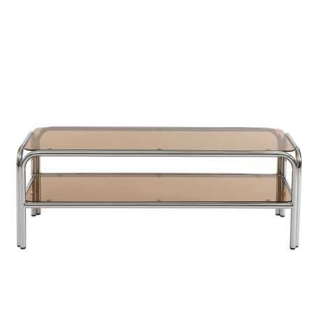 Meuble TV MAGGY verre trempé orange foncé et structure en chrome