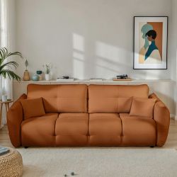 Canapé droit convertible COMO 3 places tissu chenille cognac