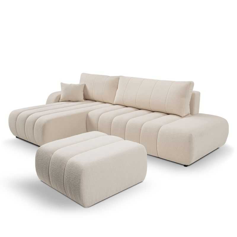 Canapé d'angle gauche convertible BELEM 4/5 places tissu bouclette écru