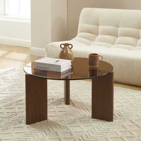 Table basse OLIE verre trempé caramel et placage noyer 75cm