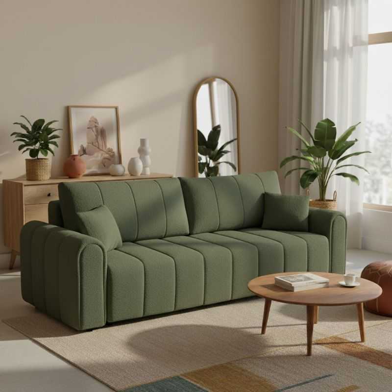 Canapé droit convertible GIORGIO 3 places tissu bouclette vert kaki