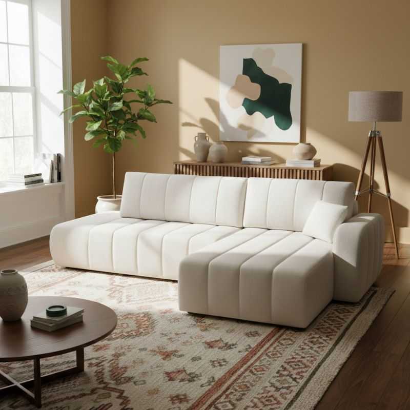 Canapé d'angle droit convertible BELEM 4/5 places tissu bouclette écru