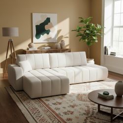 Canapé d'angle gauche convertible BELEM 4/5 places tissu bouclette écru