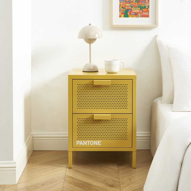 Table de chevet PANTONE métal jaune moutarde double tiroirs 40cm
