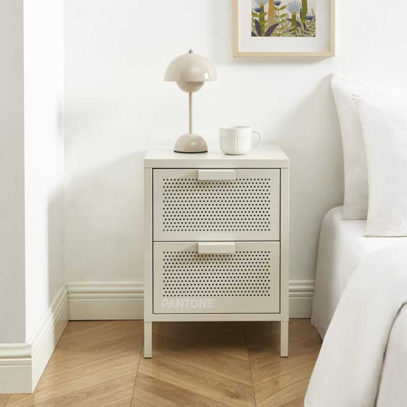 Table de chevet PANTONE métal beige sable double tiroirs 40cm