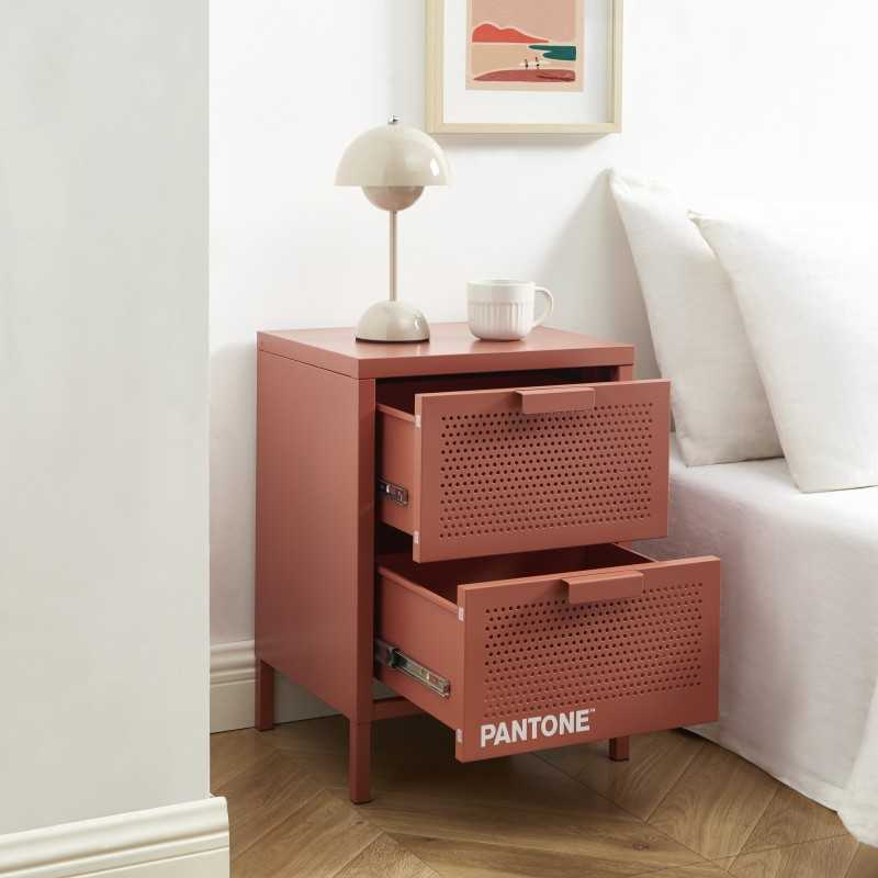 Table de chevet PANTONE métal terracotta double tiroirs 40cm