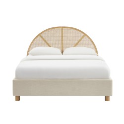 Lit coffre TSUKI tissu beige lin cannage sommier 160x200 inclus