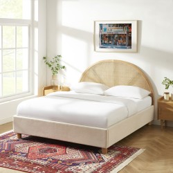 Lit coffre TSUKI tissu beige lin cannage sommier 160x200 inclus