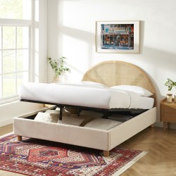 Lit coffre TSUKI tissu beige lin cannage sommier 160x200 inclus