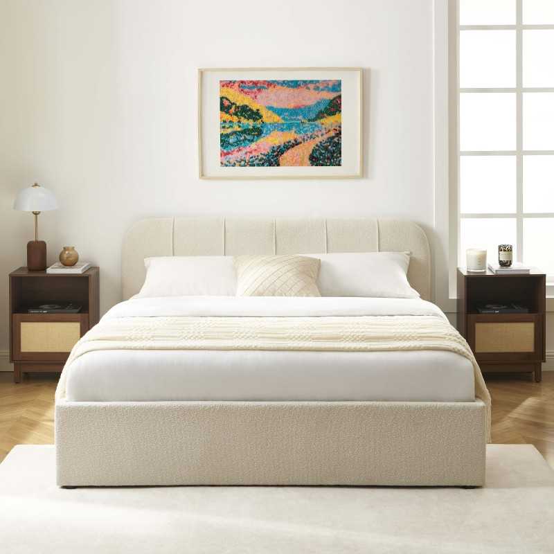 Lit coffre YUME tissu chenille beige 160x200 sommier inclus