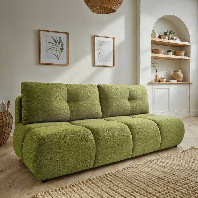 Canapé droit convertible TASCA 3 places tissu bouclette vert olive