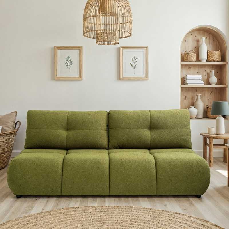 Canapé droit convertible TASCA 3 places tissu bouclette vert olive