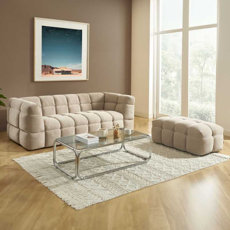 Ensemble canapé droit 3 places + pouf MOODY tissu lin beige