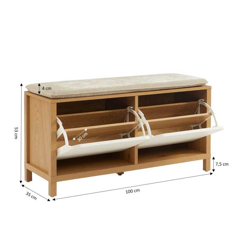 Banc à chaussures KILDA effet chêne et portes blanches