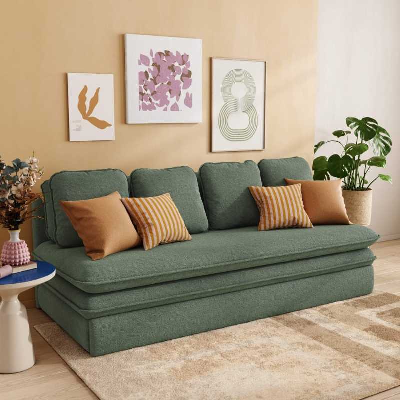 Banquette convertible NOMA 3 places tissu bouclette vert kaki