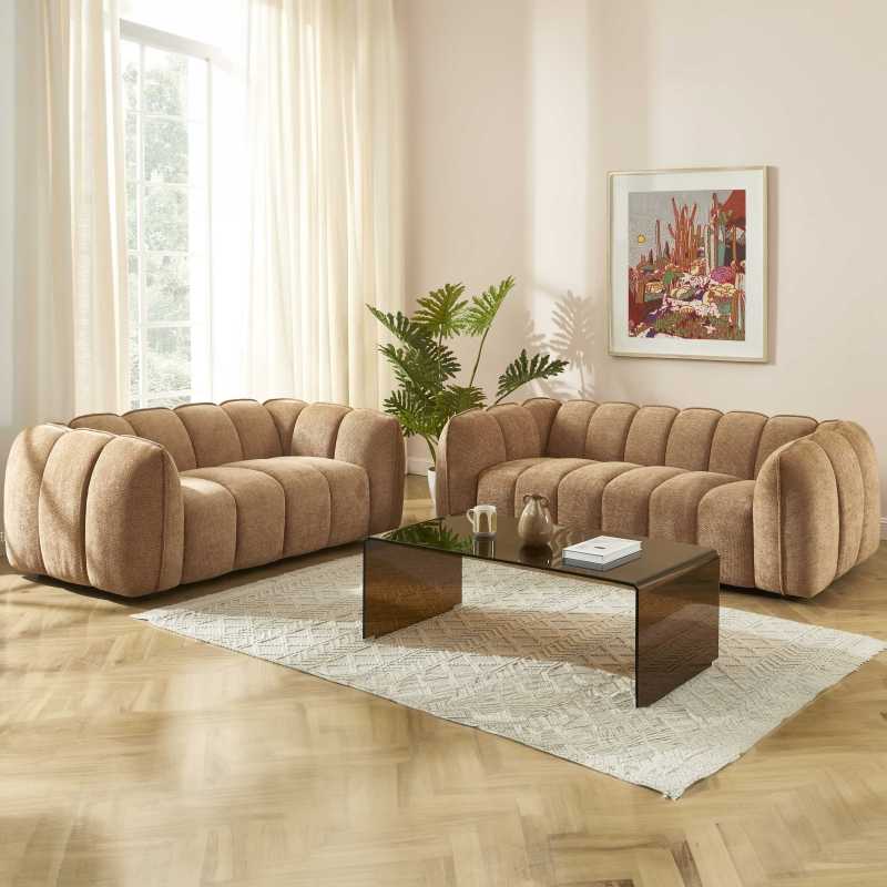 Ensemble canapés droits fixes 3+2 MATILDA tissu chenille terracotta