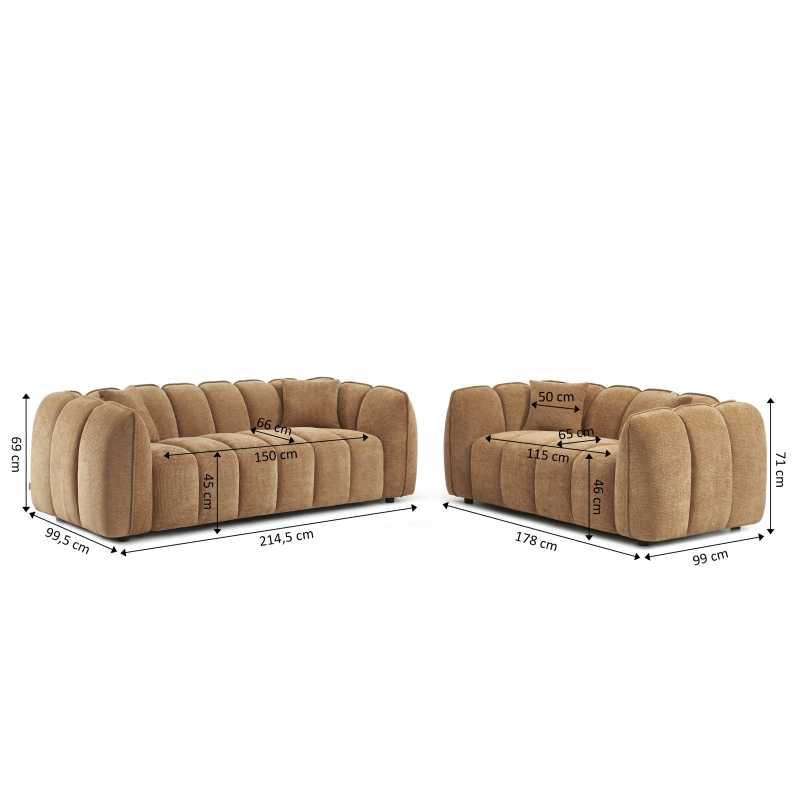 Ensemble canapés droits fixes 3+2 MATILDA tissu chenille terracotta