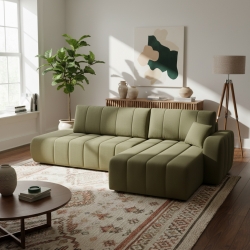 Canapé d'angle droit convertible BELEM 4/5 places tissu chenille vert