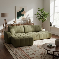 Canapé d'angle gauche convertible BELEM 4/5 places tissu chenille vert kaki