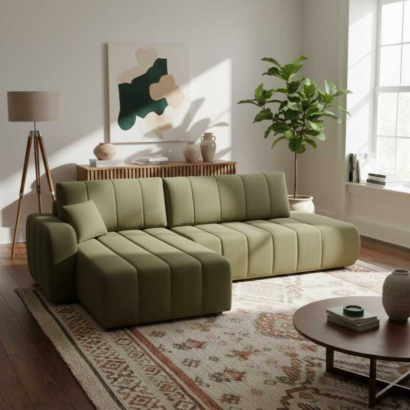 Canapé d'angle gauche convertible BELEM 4/5 places tissu chenille vert kaki