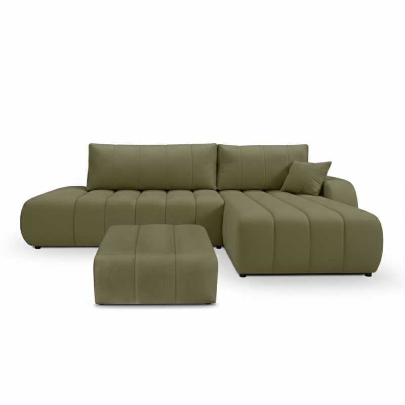 Canapé d'angle droit convertible BELEM 4/5 places tissu chenille vert