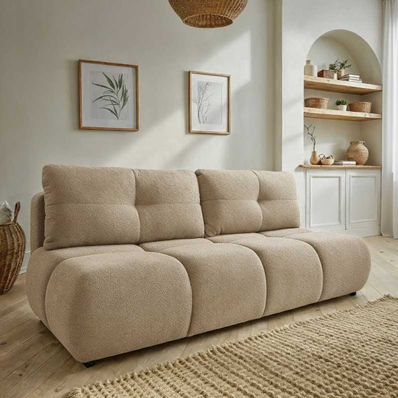 Canapé droit convertible TASCA 3 places tissu bouclette taupe