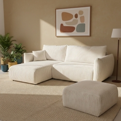 Canapé d'angle convertible et réversible GLORIA 4 places velours côtelé écru