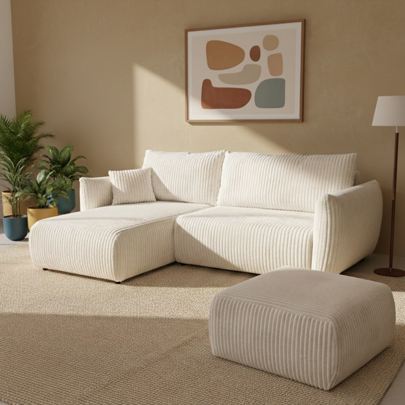 Canapé d'angle convertible et réversible GLORIA 4 places velours côtelé écru