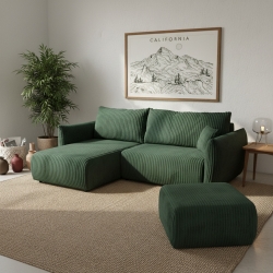 Canapé d'angle convertible et réversible GLORIA 4 places velours côtelé vert kaki