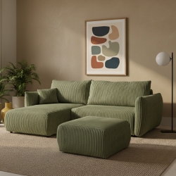 Canapé d'angle convertible et réversible GLORIA 4 places velours côtelé vert sauge