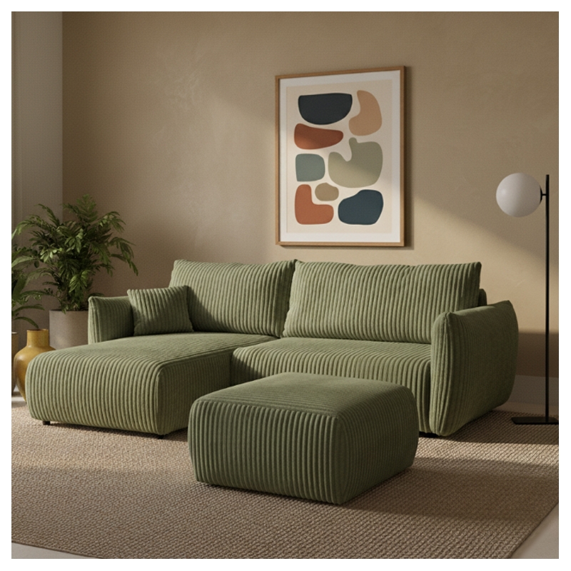 Canapé d'angle convertible et réversible GLORIA 4 places velours côtelé vert sauge