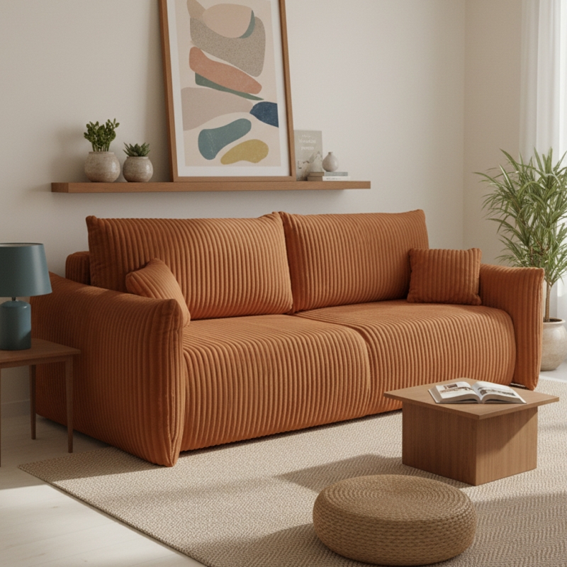 Canapé droit convertible GLORIA 3 places velours côtelé terracotta