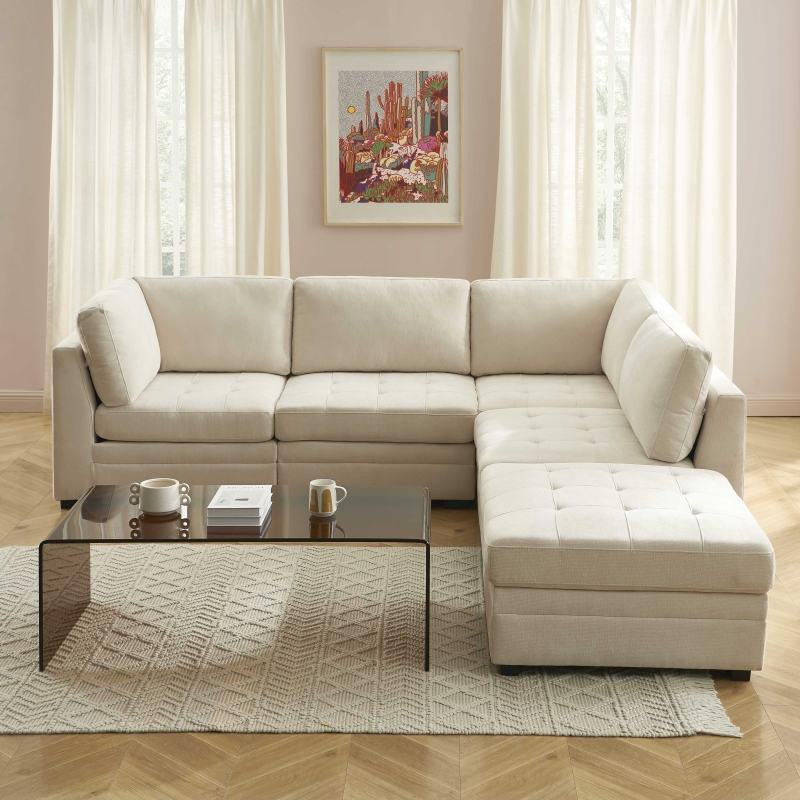 Canapé d'angle modulable 5 pièces BILLIE tissu chenille beige