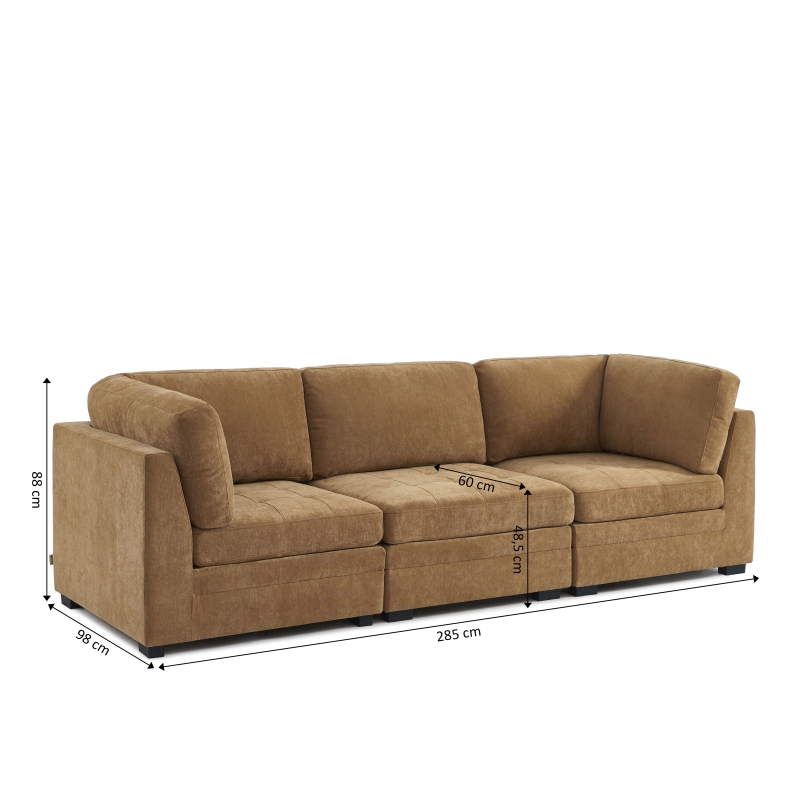 Canapé droit modulable 3 pièces BILLIE tissu chenille écureuil