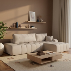 Canapé d'angle droit convertible BELEM 4/5 places tissu chenille grège