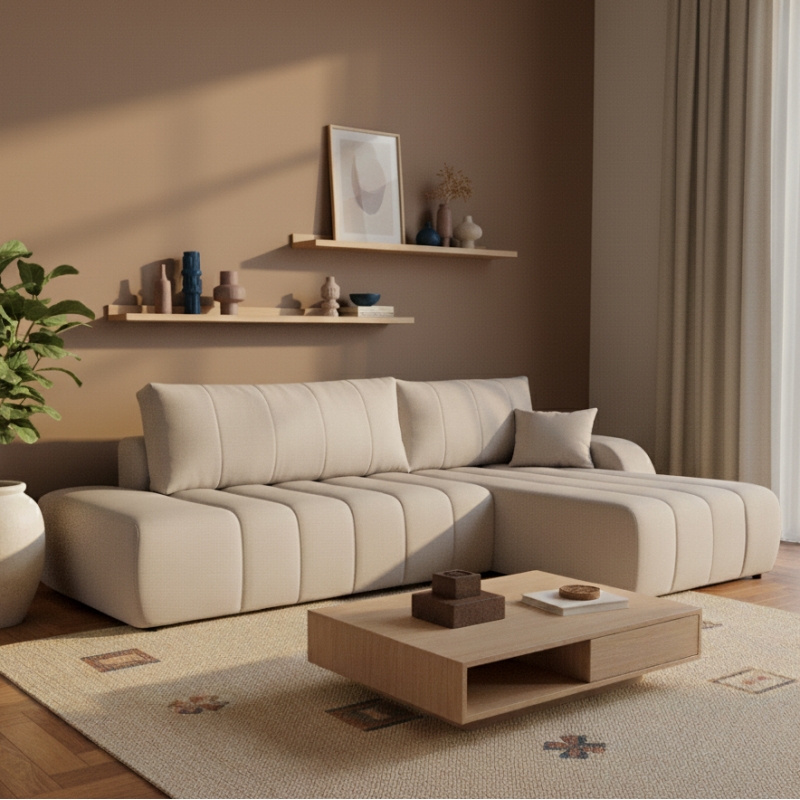 Canapé d'angle droit convertible BELEM 4/5 places tissu chenille grège