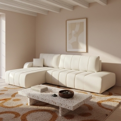 Canapé d'angle gauche convertible BELEM 4/5 places tissu chenille écru