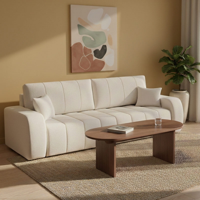 Canapé droit convertible BELEM 3 places tissu chenille écru