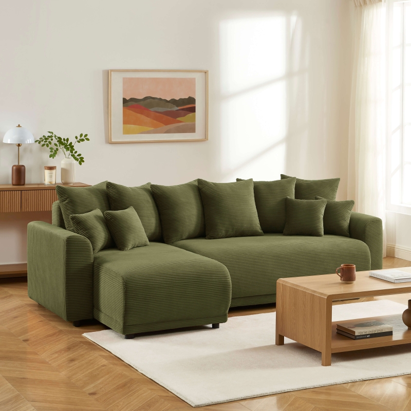 Canapé angle SOLINE convertible velours côtelé vert 4 places