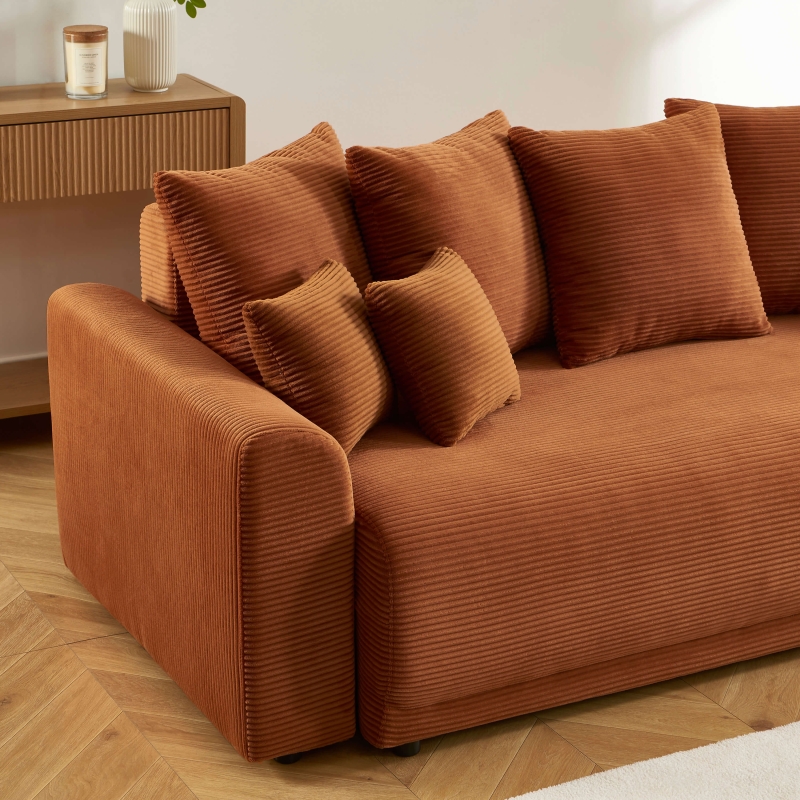 Canapé droit SOLINE convertiblevelours cotêlé terracotta 3 places