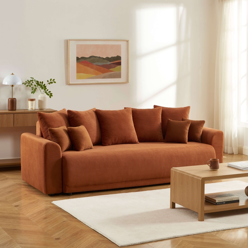 Canapé droit SOLINE convertiblevelours cotêlé terracotta 3 places