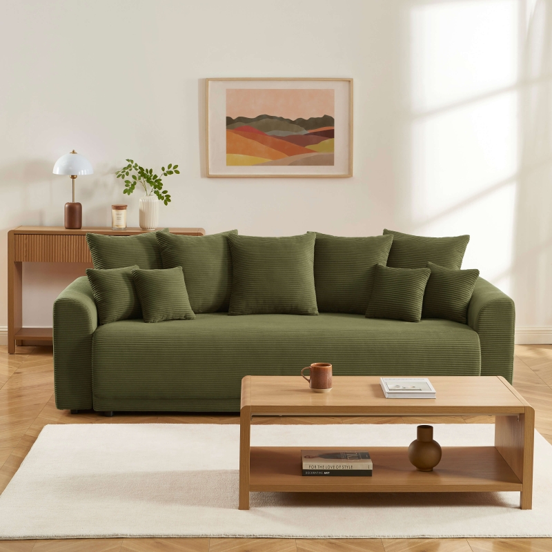 Canapé droit SOLINE convertiblevelours cotêlé vert 3 places