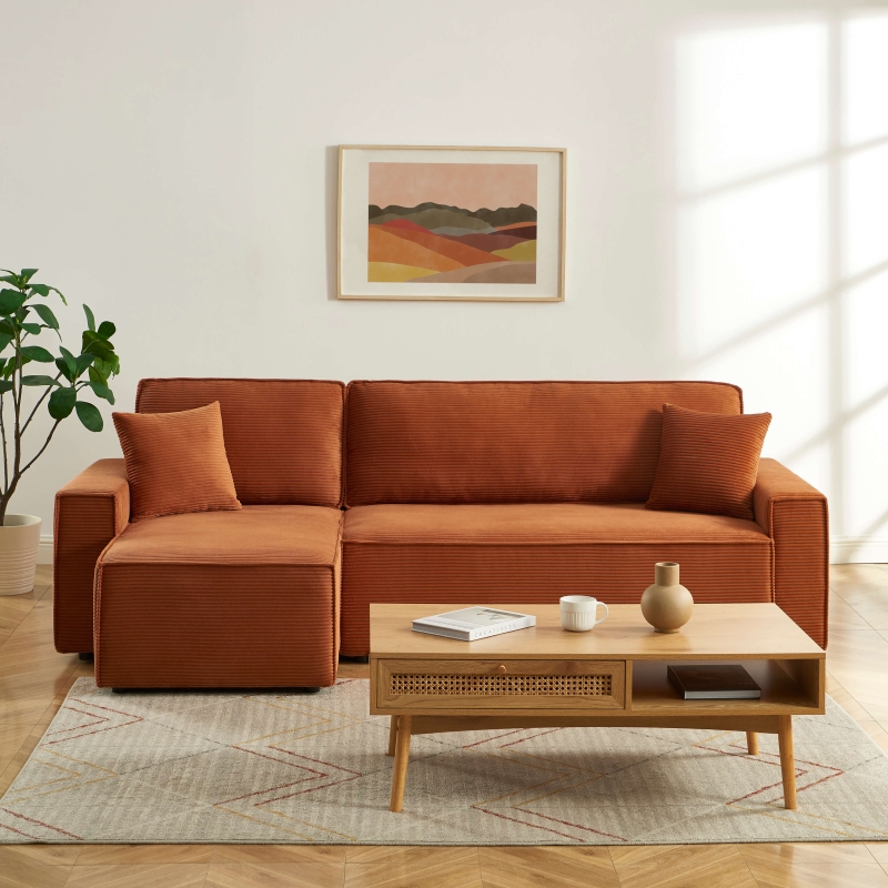 Canapé d'angle ZOLA convertible et réversible velours côtelé terracotta 4 places