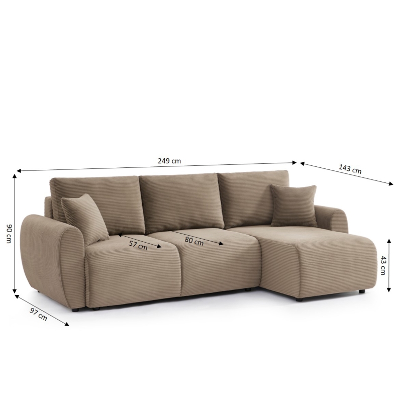 Canapé d'angle DANILO convertible velours côtelé taupe 4 places