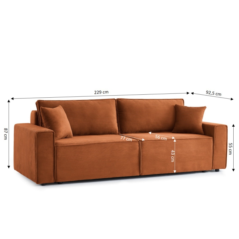 Canapé droit ZOLA convertible velours côtelé terracotta 3 places