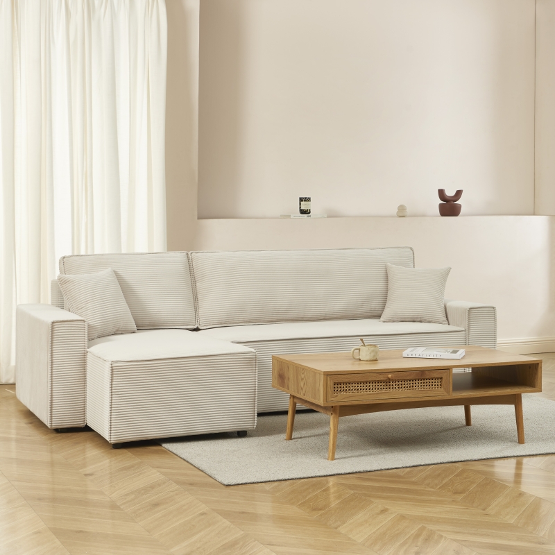 Canapé d'angle ZOLA convertible et réversible velours côtelé beige