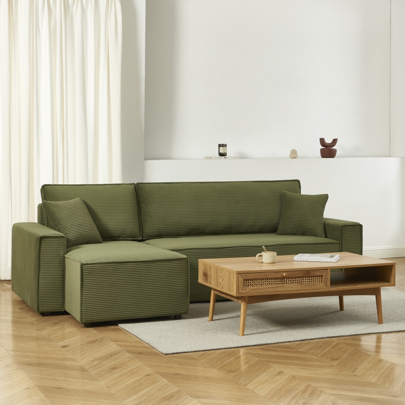 Canapé d'angle ZOLA convertible et réversible velours côtelé vert