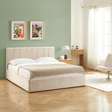 Lit coffre DARIO 160x200 tissu beige sommier inclus