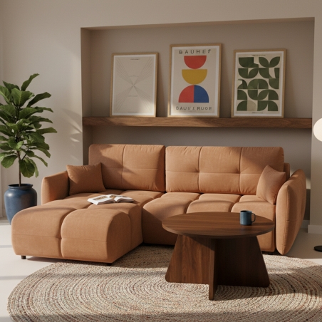 Canapé d'angle convertible et réversible COMO 4 places tissu chenille cognac