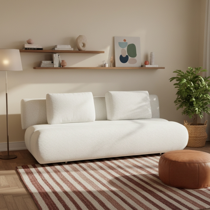 Canapé droit convertible PIO 3 places tissu bouclette écru